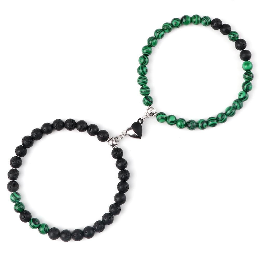 2Pcs/Set Couple Magnet Heart Shape Pendant Bracelets 6MM Malachite Tiger Eye Bangles Love Relationship Pulsera Jewelry Gift New