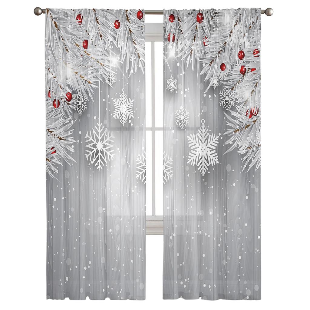 Christmas Pine Needles Snowflakes Wood Grain Sheer Curtains Living Room Decoration Window Curtains Kitchen Tulle Voile Curtains
