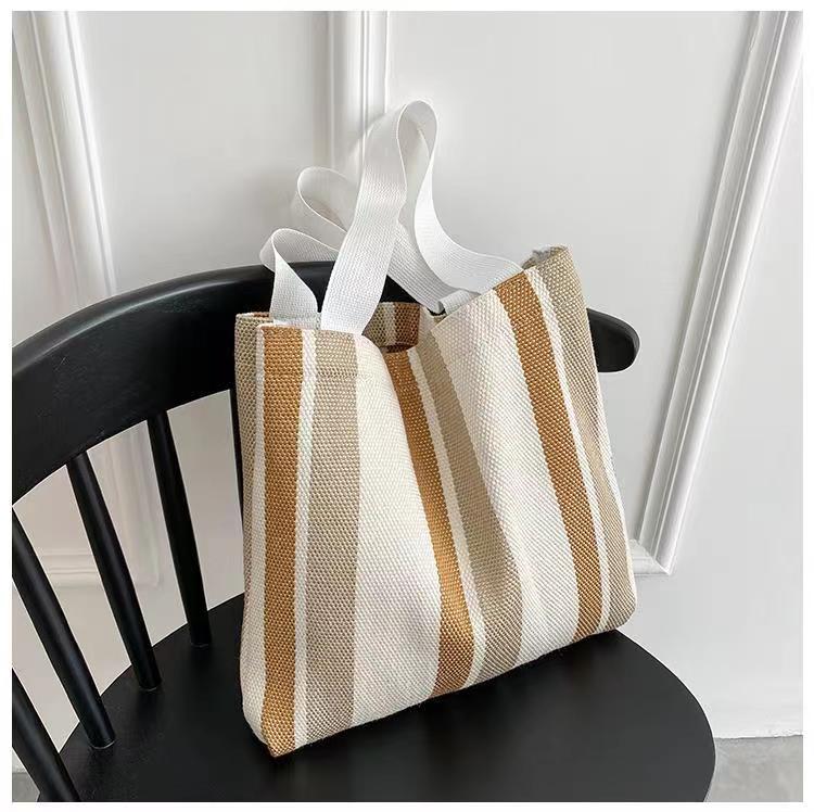 

Simple Retro Handbag Small Fresh Striped Canvas Bags For Womencasual Literature And Art Large-Capacity Shoulder Bag Female