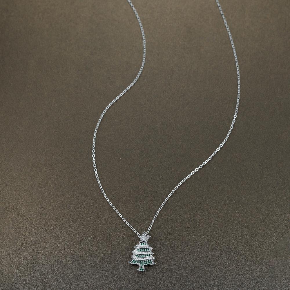 Silver Christmas Tree Pendant Necklace Green Rhinestone Star Top Winter Jewelry New Year Gift for Women Girls Fashion Accessory