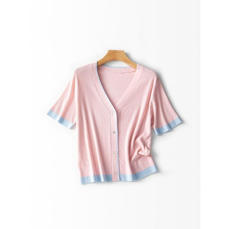 

Skin-friendly silk contrasting color splicing short-sleeved cardigan summer new half-sleeved casual top L розовый
