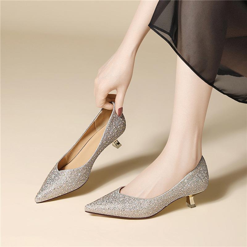 Rhinestone light luxury silver high heels fashion professional one-pedal single shoes women's high-end sense fine heel versatile daily women's shoes