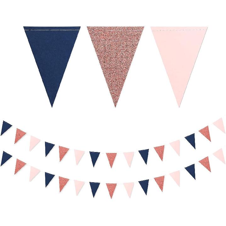Navy-Blue White-Gold Party Decorations Banner - 2 Pack Men Birthday Graduation 2025 Glitter Sprinkles Paper Pennant Triangle Flags, Fathers Day