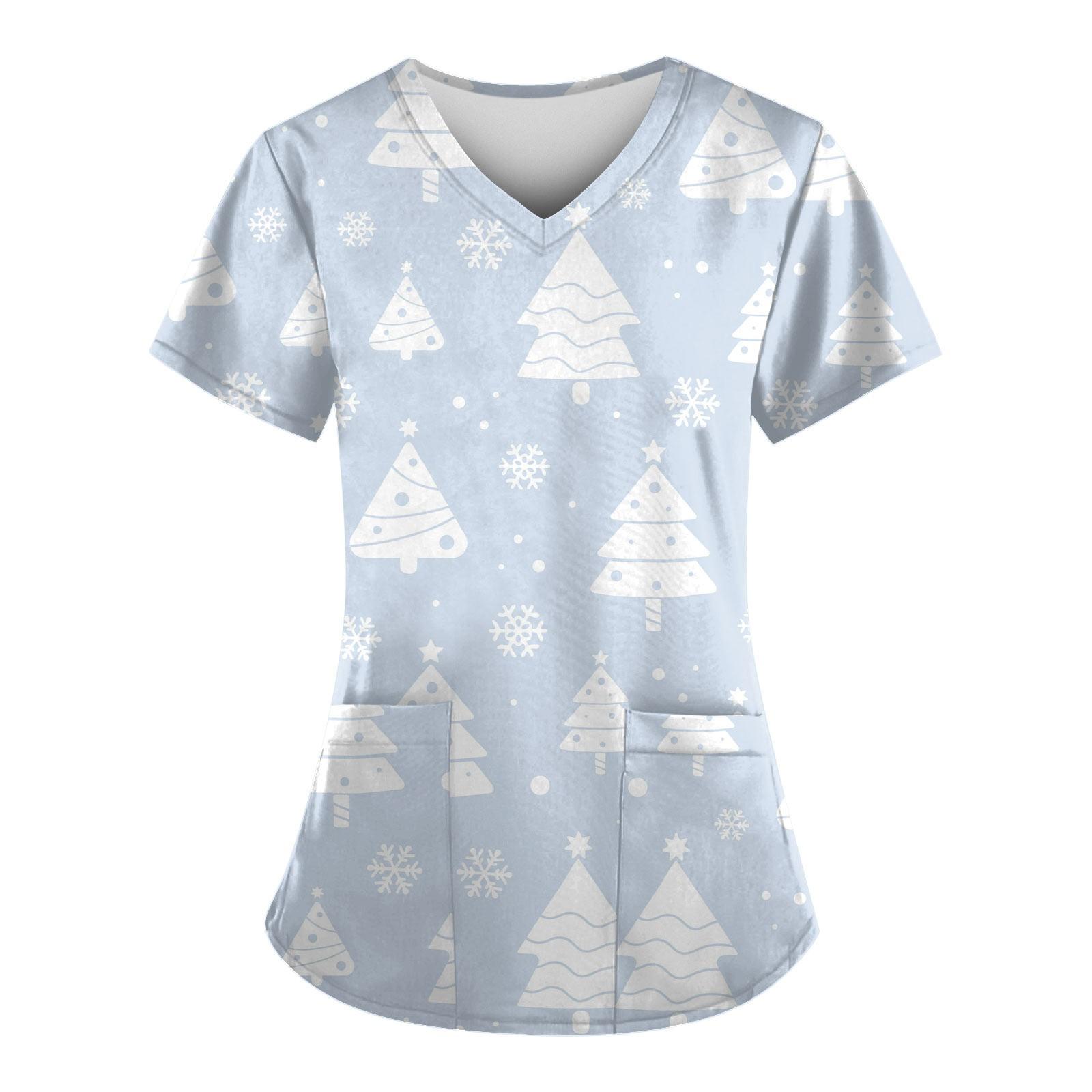 

Women s Fashion Christmas Printed Short Sleeve V Neck Pattern Tops Pocket Working T-shirts M Темно-синій