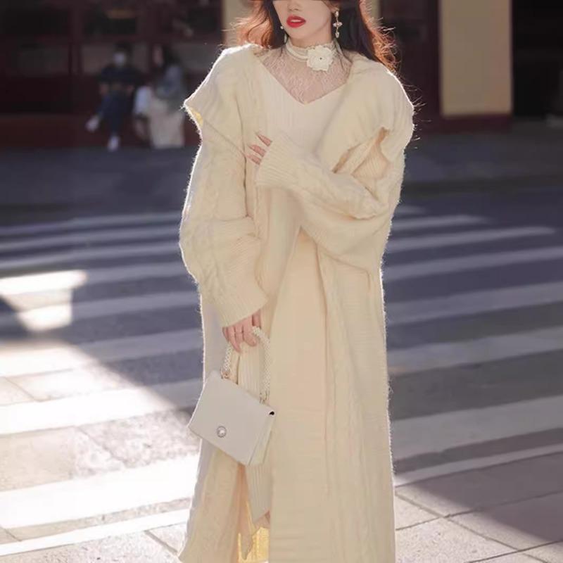 Large Lapel Collar Long-sleeved Sweater Jacket Women's Autumn and Winter Loose Lazy Wind Over the Knee High-end Long Knitted Cardigan