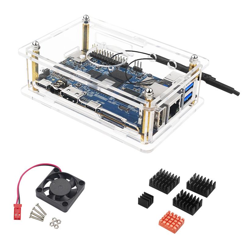 Orange Pi 5B Transparent Acrylic Case with Fan, WIFI, Bluetooth Receiver, and Orange Pi 5 Protection.