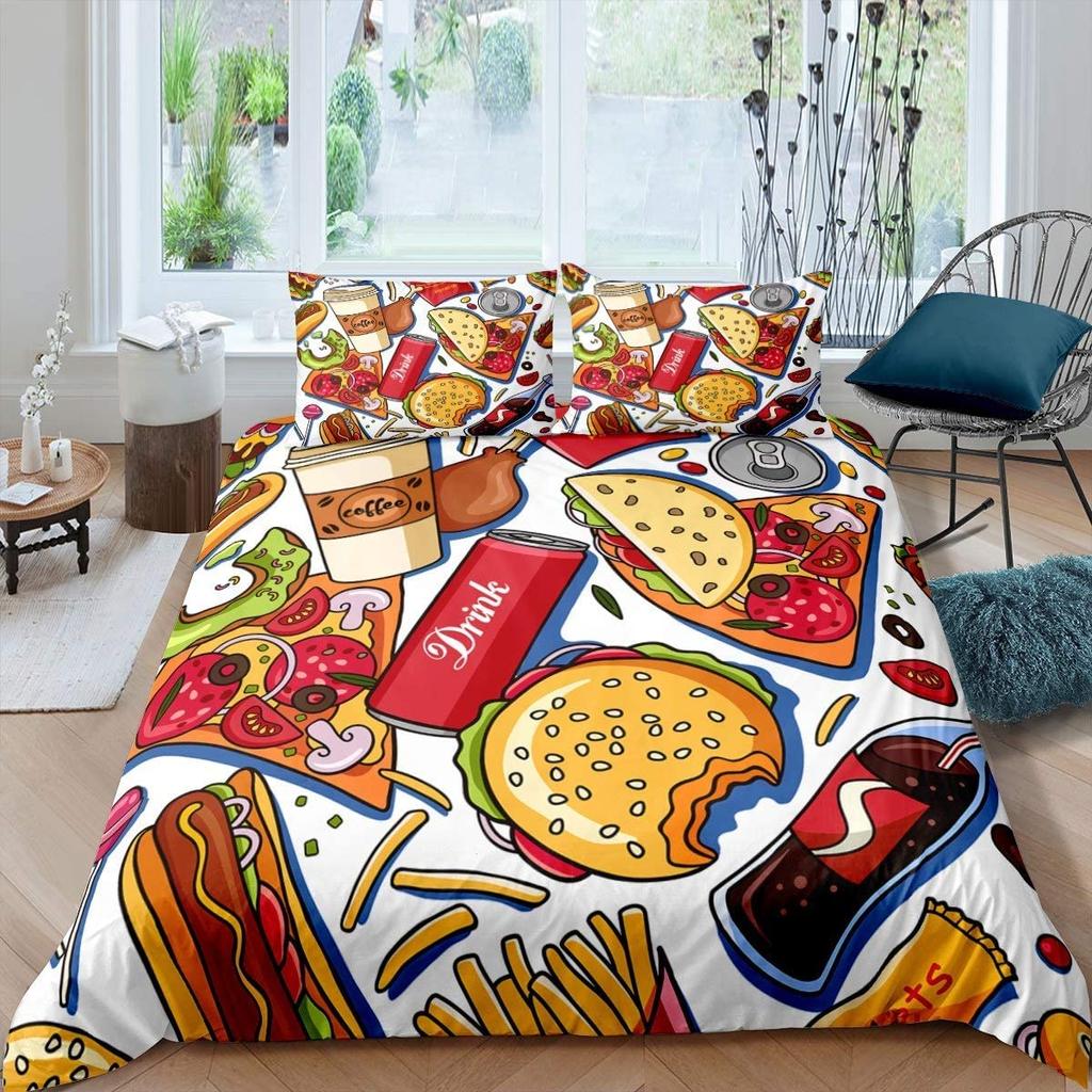 American Fast Food Duvet Cover Set Full Size Polyester Pizza Hotdog Hamburger Print Bedding Set French Fries Cartoon Quilt Cover
