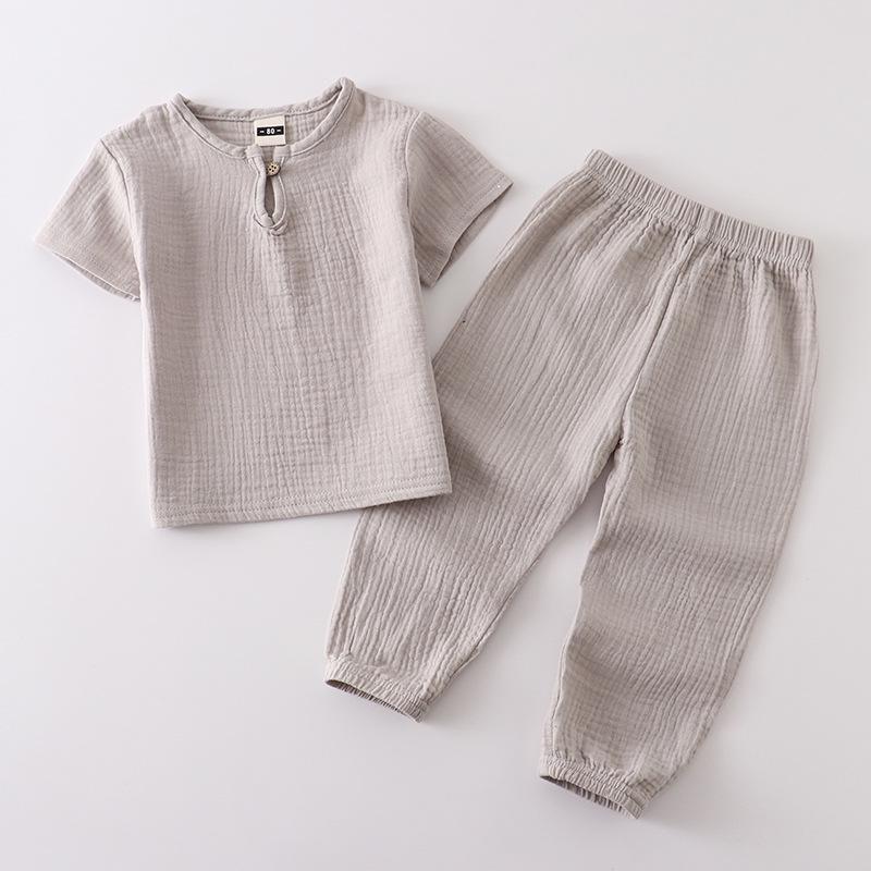 Kids' Summer Cotton Linen Two-Piece Set - Short Sleeve Top & Joggers