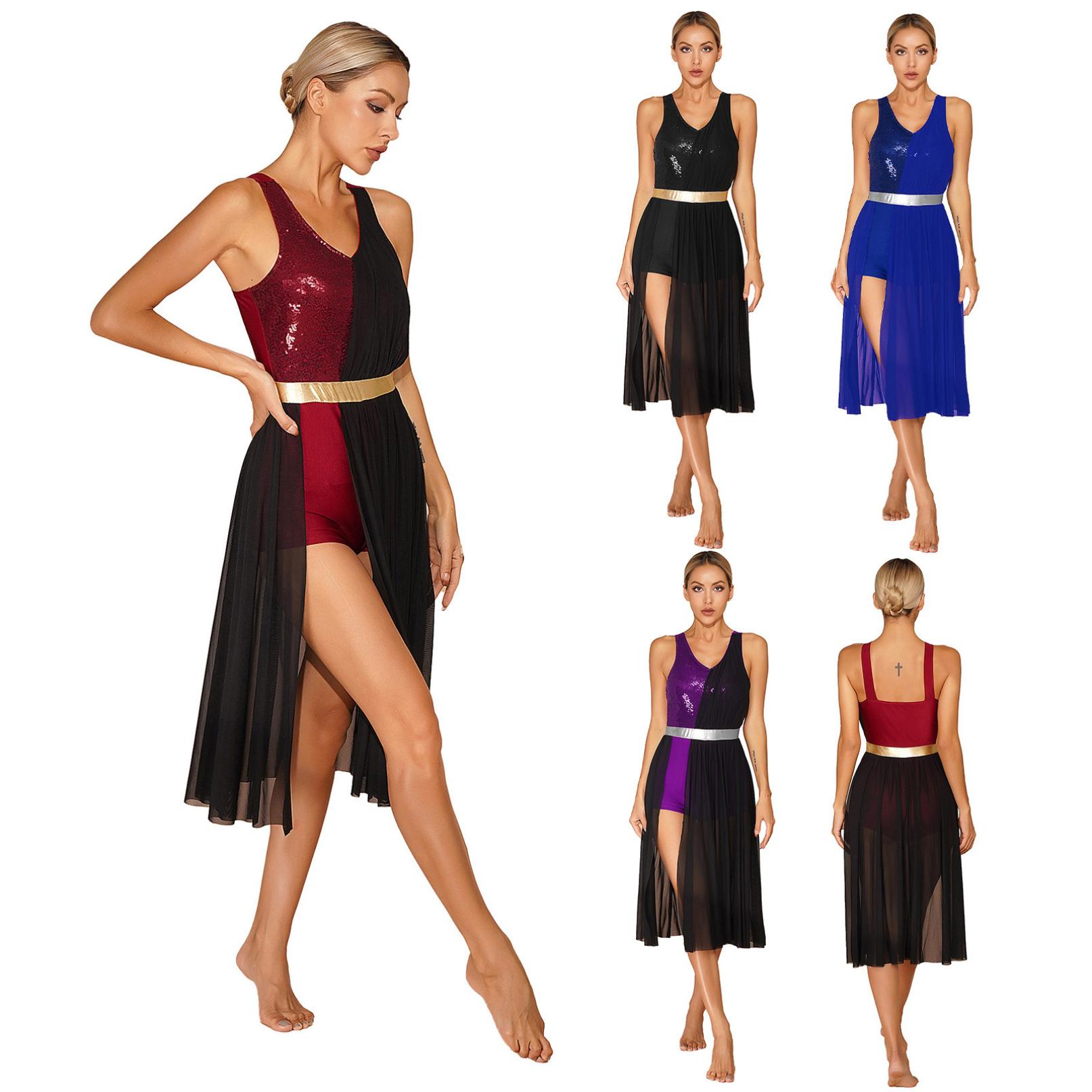 

Жіноча лірична танцювальна сукня з блискучими паєтками, сучасні сучасні танцювальні костюми, струмуюче балетне купальник S синій