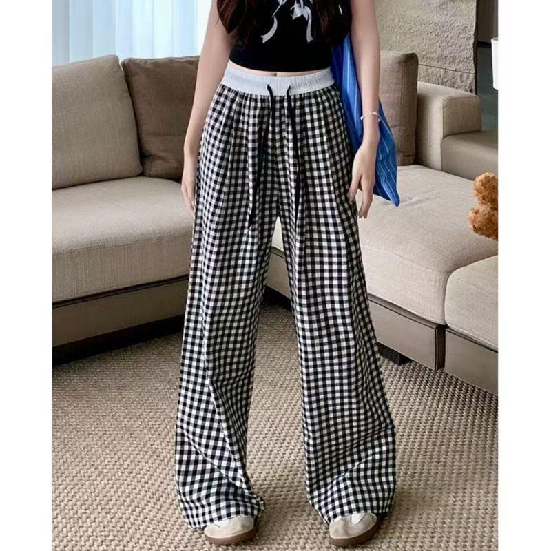 

Women s Pink Plaid Wide-Leg Casual Pants XL (For 120-140 Jin)