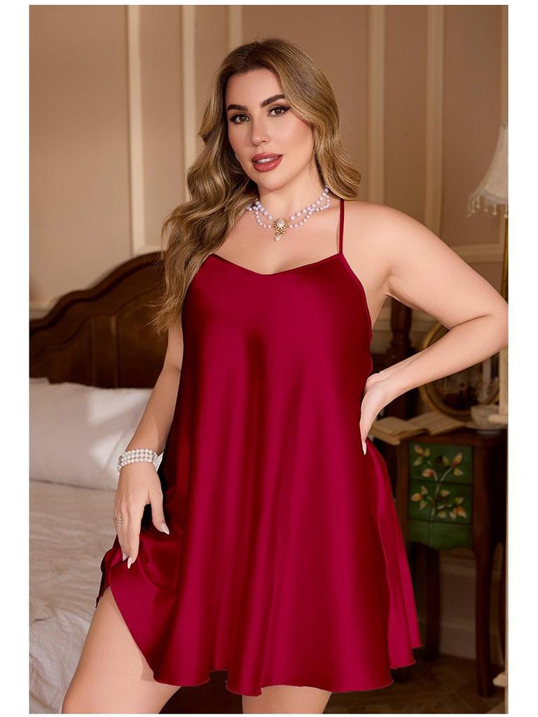 European & American Plus Size Ice Silk Solid Color Women's Camisole Short Nightdress
