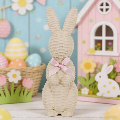 Rattan Effect Resin Easter Bunny Figurine Wicker Rabbit Statue with Bow for Spring Table Centerpiece Indoor Outdoor Patio Yard Farmhouse Home Decor