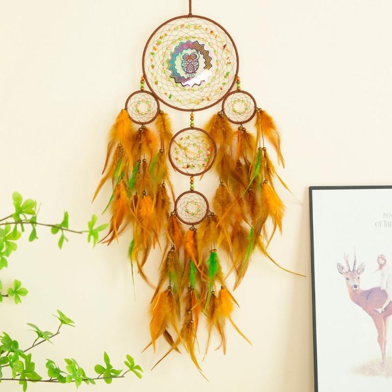 3D Rotating Colorful Owl Dreamcatchers Windchimes with Feathered Wall Hanging Decoration for Bedroom and Living Room