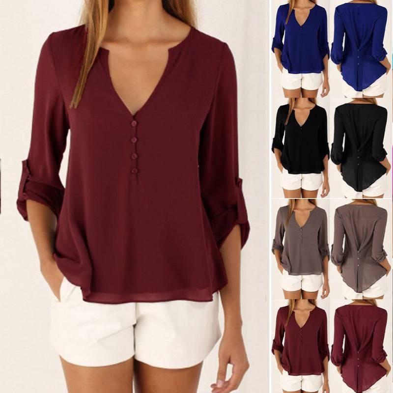 Elegant V Neck Long Sleeve Chiffon Blouse For Women In Six Chic Colors And Sizes S To 5xl
