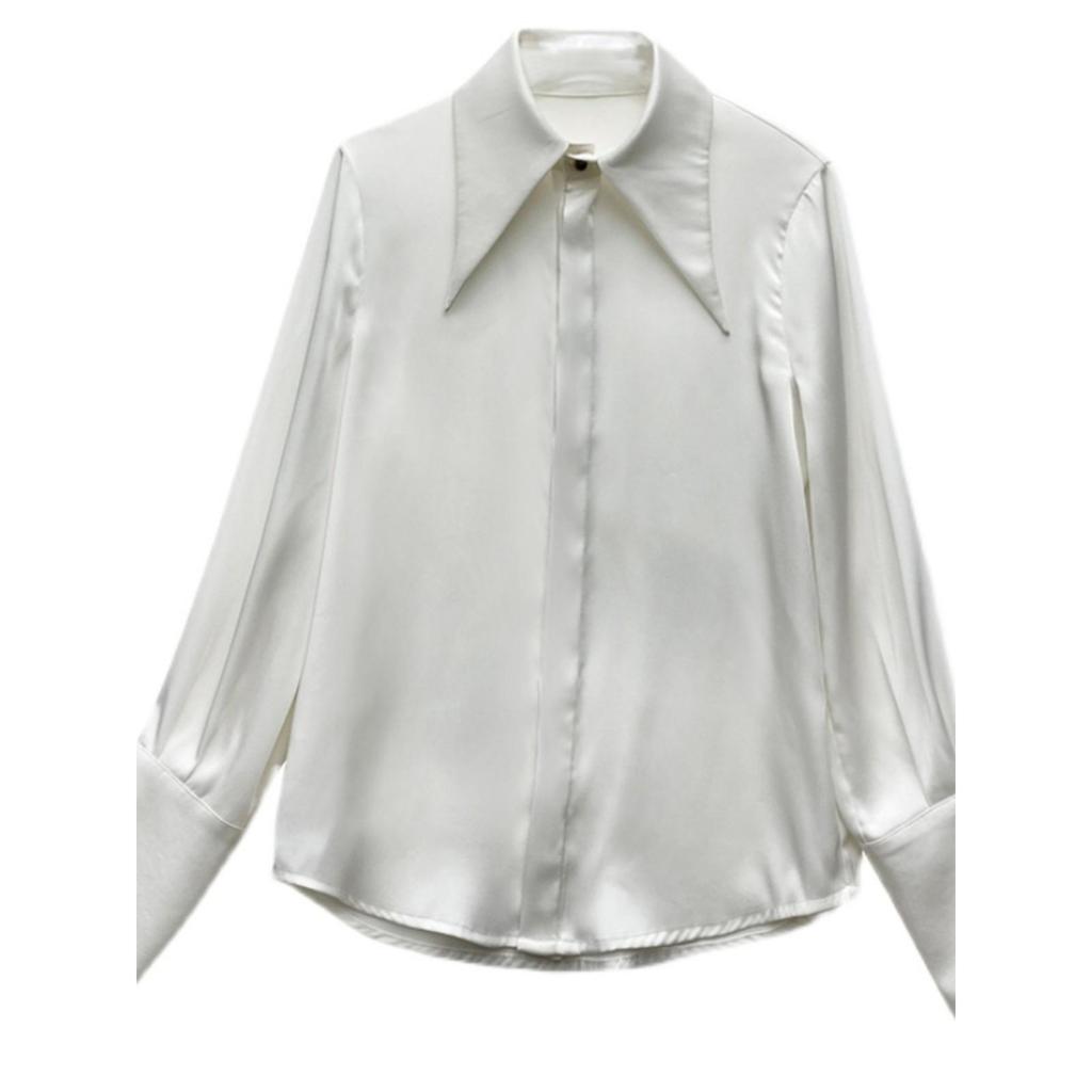 Women's High-End Satin Shirt with French Pointed Collar - Long Sleeve, Stylish Spring/Autumn Top