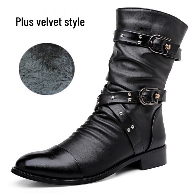 

Men s Trendy Mid-Calf High-Top Leather Boots - Spring & Autumn Pointed Toe, British & Korean Style, Plus Velvet Martin Design 39