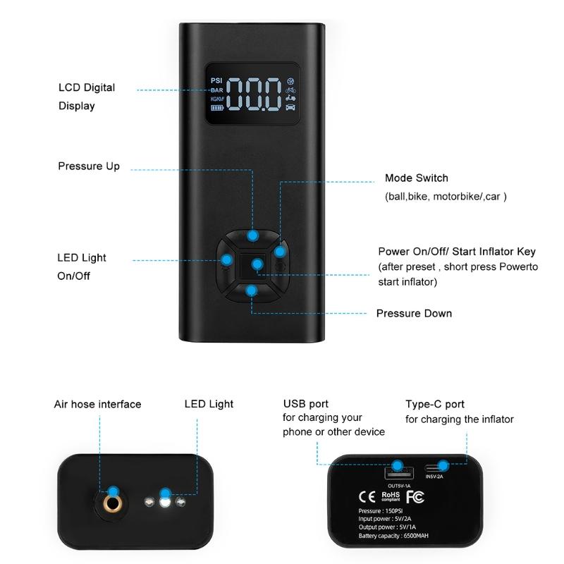 Wireless Air Compressor for Basketball Car Tire Inflator 6500mAh Portable Electric Pump Inflator