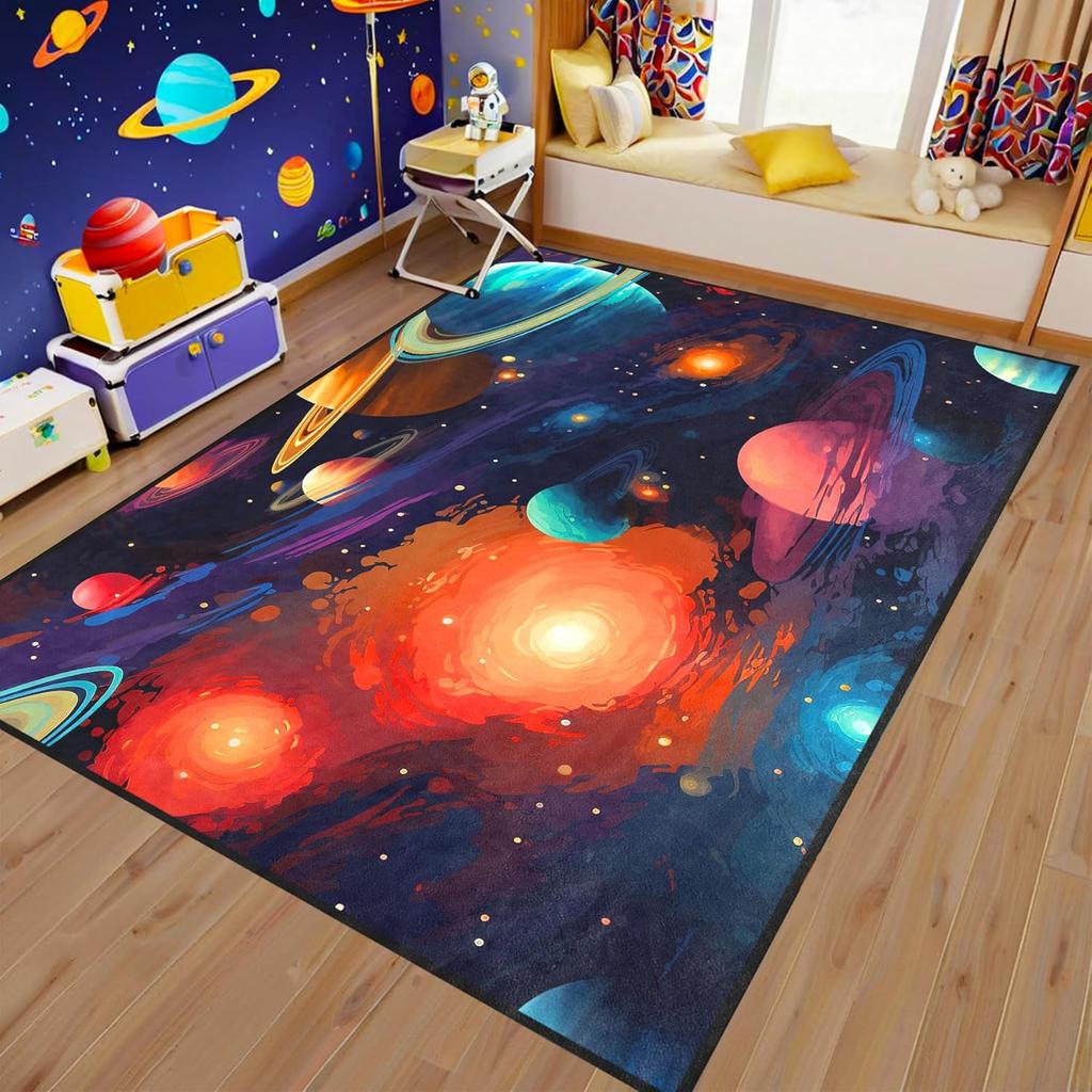 Solar System Area Rug for Kids Bedroom, Educational Universe Planet Carpet, Outer Space Theme Play Mat for Boys and Girls