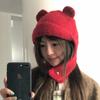 Cute Bear Ears Red Knitted Autumn and Winter Wool Hat Women's Warm Ear Protection Hat Showing Face Small Winter Headhat