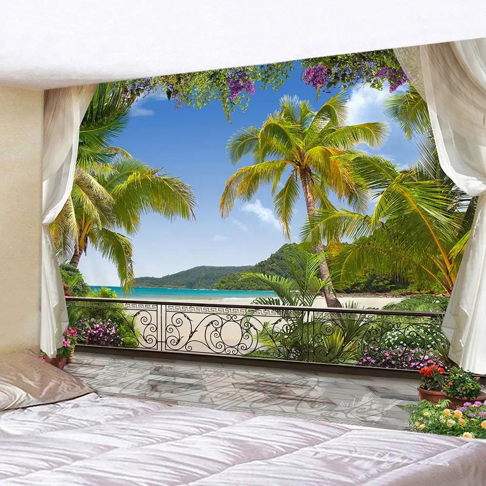 Seaside Coconut Tree Landscape Tapestry Nature Sea Art Ocean Beach 3D Print Wall Hanging Home Living Room Background Cloth Decor