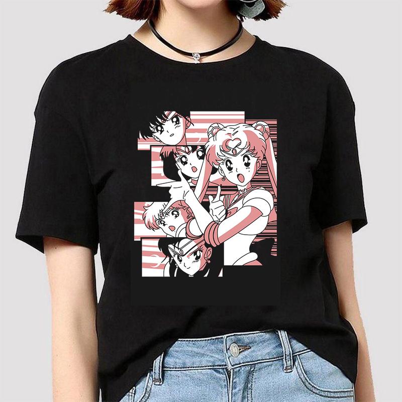 Anime Sailor Moon 18 Different Patterns Summer Printed Casual Black Short Sleeves Cotton Tops O Neck Women T Shirts