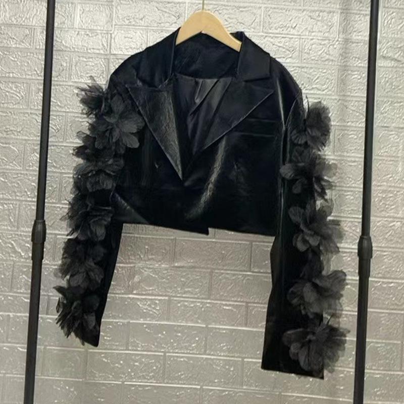 High-end Heavy Industry Three-dimensional Flower Design Suit Collar PU Leather Jacket for Women Autumn New Style