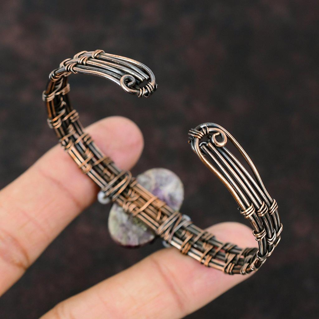 Charoite Cuff Bracelet Blue Lace Agate Beads Bangle Wire Wrap Jewelry Adjustable Bangle Copper Wire Wrapped Bangle Handmade Gemstone Jewelry
