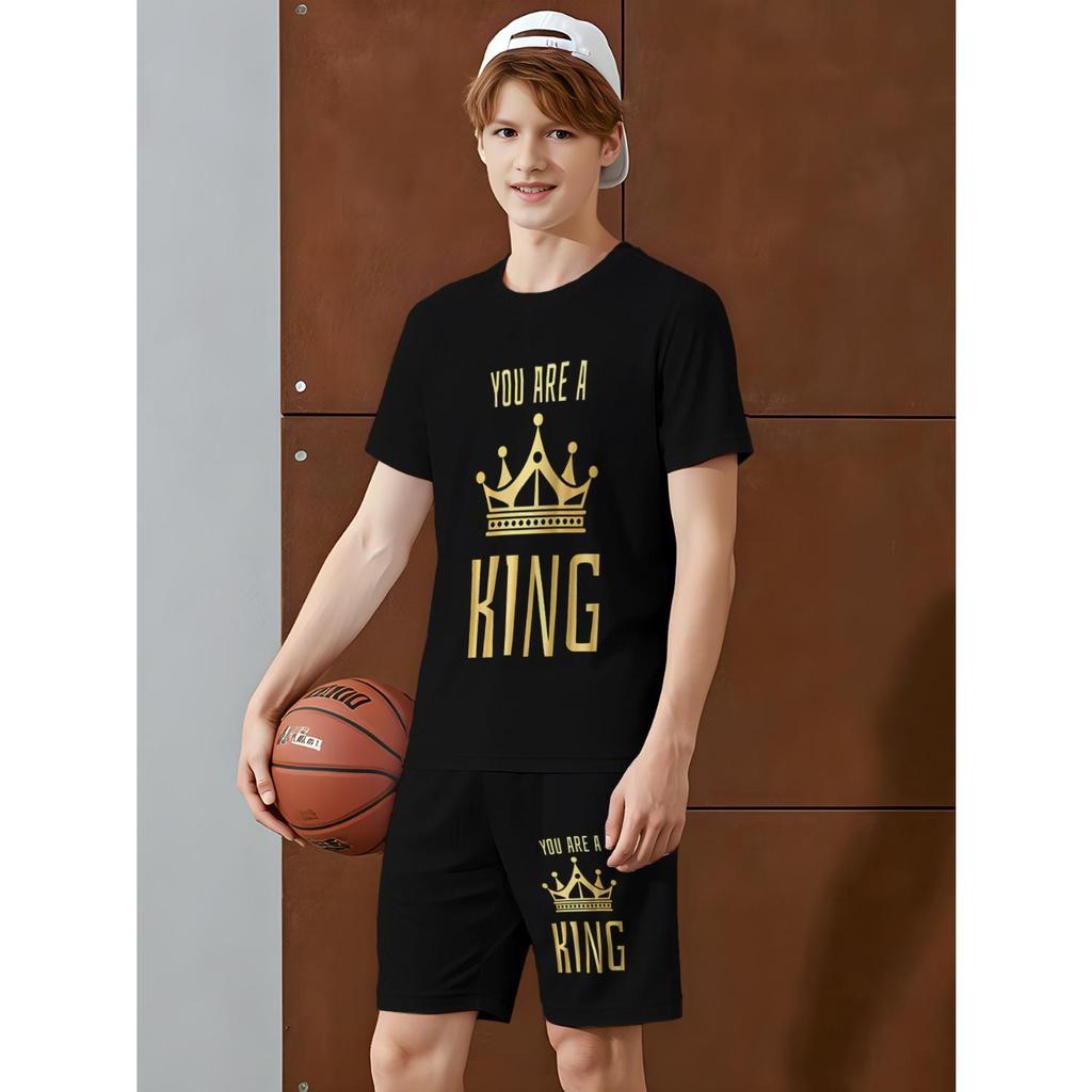 Children's Short sleeved T-shirt and Shorts Set | Fashion Trend, Crown Letter Printed Set