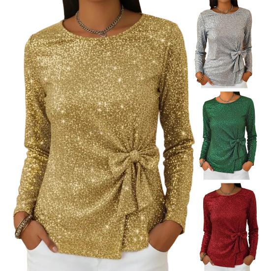 Dame Topper Rund Hals Langermet Glitrende Paljetter Pullover Topper med Skinnende Sløyfeaksenter Hverdagsklær