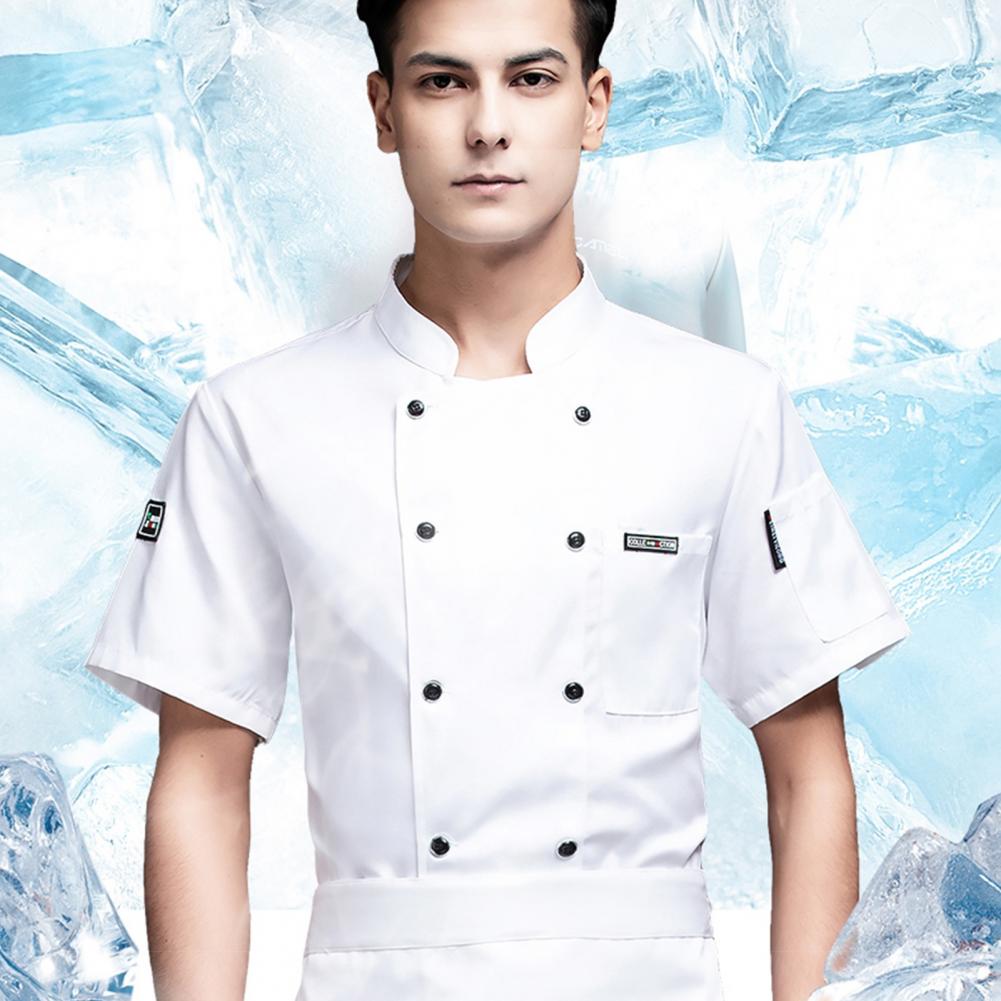 Unisex Chef Shirt Kitchen Double-breasted Short Sleeve Stand Collar Soft Chest Pocket Breathable Stain-resistant Loose Kitchen B