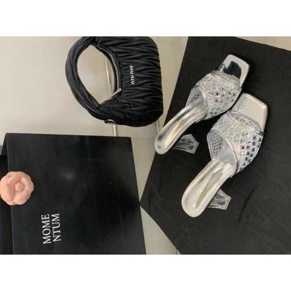 Fashion Shoes Glitter Slides Ladies' Slippers Low Slipers Women Heeled Mules Square Toe Jelly 2025 High Summer Rubber Crystal Rome Fabri