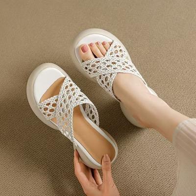 Op stront stappen open teensandalen platformslippers dames bovenkleding holle één-woord sleehakken 2025 zomer damesschoenen geweven hoge hakken