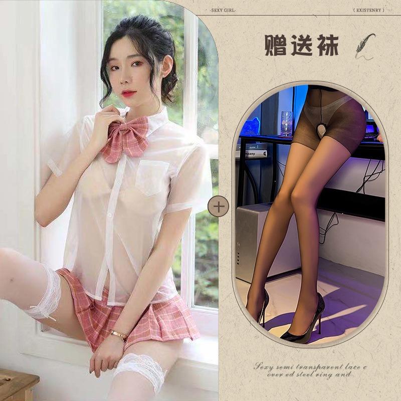Sexy lingerie girls' school wear transparent shirt short skirt girls' uniform suit pure and sweet temptation tight
