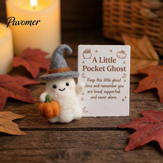 Unique Desk Buddy Little Pocket Ghost, Halloween Handmade Wool Felted Ghost with Pumpkin, Mini Birthday Gift for Friend Plush Doll Inspirational Card,