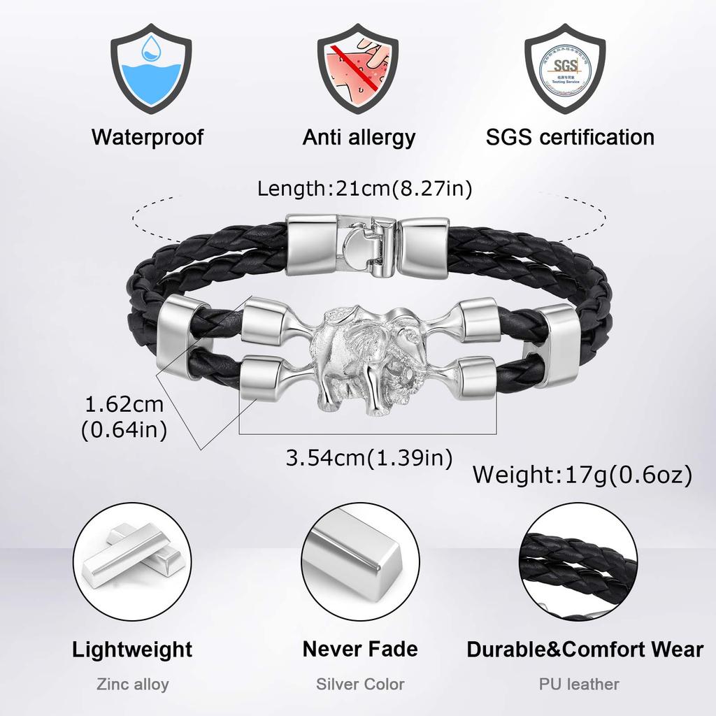 Vintage Elephant Black Leather Bracelet for Men,Trendy Elephant Charms Wristband Gift,An Elephant Never Forgets
