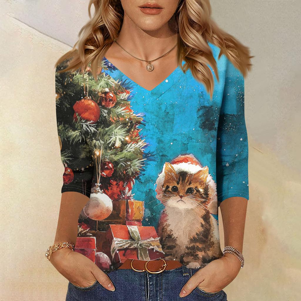 3/4 Sleeve Shirts For Women Print Christmas Tees Blouses Casual Plus Size Basic Tops Pullover