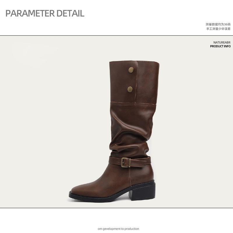 Cowhide version retro platform boots women's two wear belt buckle pile boots thick heel versatile tall western cowboy boots