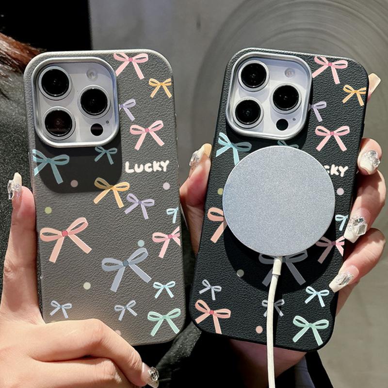 Lovely Bowknot Print Slim Matte for Magsafe Case For iPhone 16 Pro Max 15 14 Pro 13 12 11 Soft TPU Leather Texture Shockproof Magnetic Phone Cover