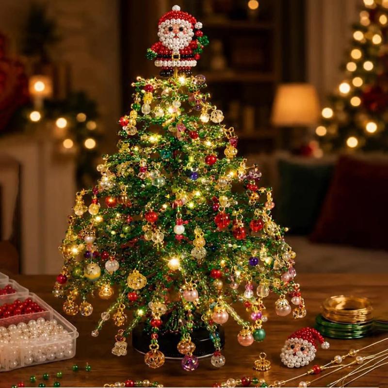 Diy Beaded Christmas Tree Kit – Crystal Bead Holiday Craft Set With Led Lights, Home Decor Gift For Adults & Kids