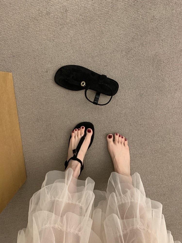 

Flat bottom retro blue toe French sandals fairy shoes 2025 new summer with skirt black roman shoes 35