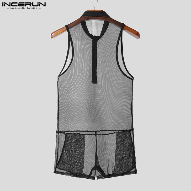 INCERUN Men Sleeveless Hollow See Through Transparent Underwear Jumpsuits Bodysuits