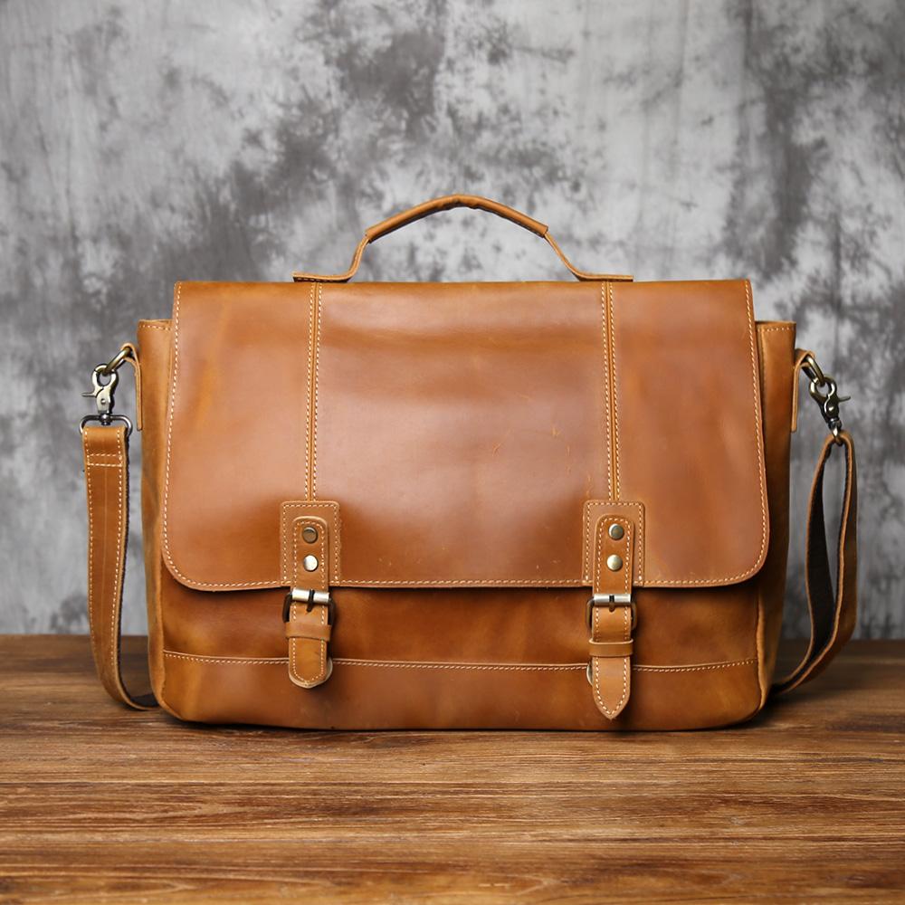 

NZPJ Vintage Leather Men s Briefcase Crazy Horse Leather Handbag Casual Natural Cowhide Computer Bag Shoulder Messenger Bag