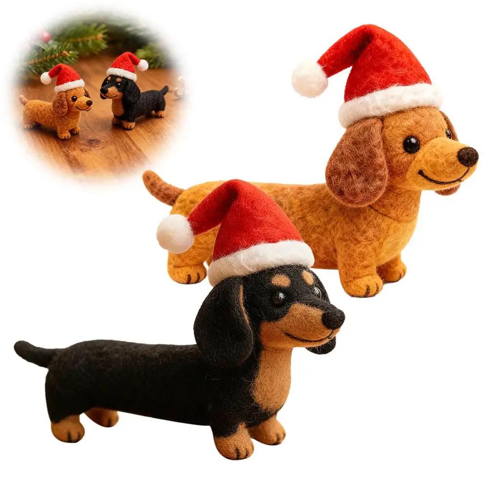 Hand Crafted Wool Felt Dachshund Christmas Ornaments Dog With Santa Hat Xmas Tree Hanging Decor For Winter Home Party Suppl D9D6
