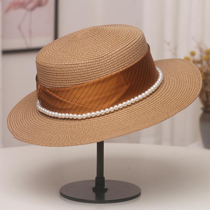 Pearl Straw Hat Women's Summer Retro Flat Top Small Fresh Top Hat Shading Sun Protection Beach Hat Traveling by the Sea