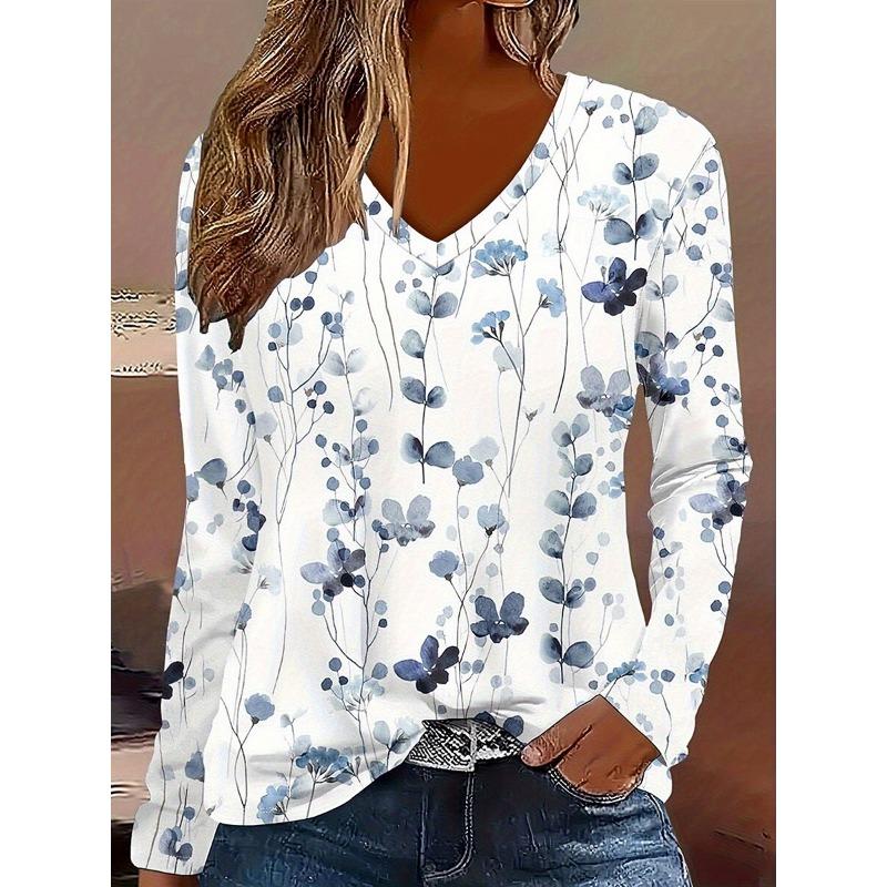Women's T-Shirts Florals Graphics Plants Elegant Fashion Tees Long Sleeve T-shirts V-Neck Regular Tops Pullover Fall Winter