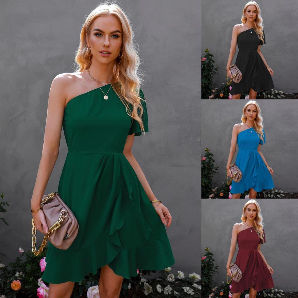 Woman Bodycon Lotus Dress Summer Fashion Short Sleeve One Shoulder Party Mini Dresses Casual Female Boho Beach Dress