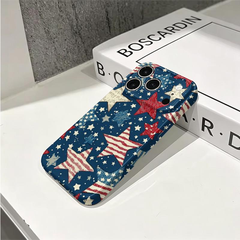 Patriotic Vintage Red White Blue Star Pattern Art Film Aesthetic Protective Shockproof Bumper Case Cover For iPhone 13 14 15 16 17 Pro Max Plus