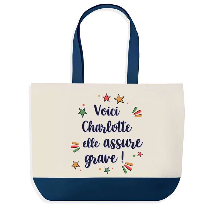 Sac shopping - PLANETEE - Charlotte elle assure grave - fond bleu - Coton 40x45 cm - Grand format