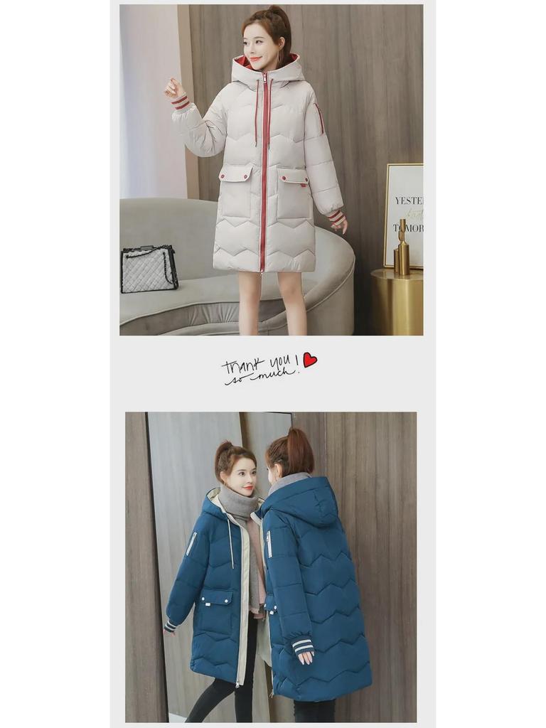 Women's Solid Color Korean Style Down Jacket - Medium To Long, Thickened, Loose Fit, Stand Collar, Cold-Proof, Large Size.
