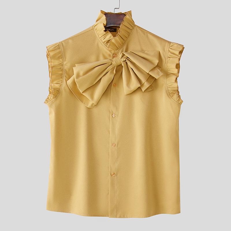 

INCERUN Элегантные мужские топы с оборками и воротом-стойкой без рукавов, на пуговицах и бантом 4XL